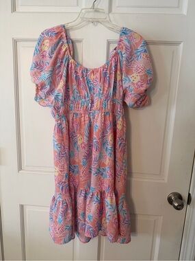 Simply Southern Pink Tropical Pineapple Puff Sleeve Midi Dress